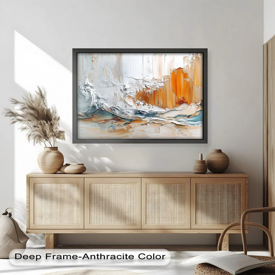 The stillness of the scene highlights the textured brushstrokes in this elemental surge abstract ocean cliff oil painting decoration.
