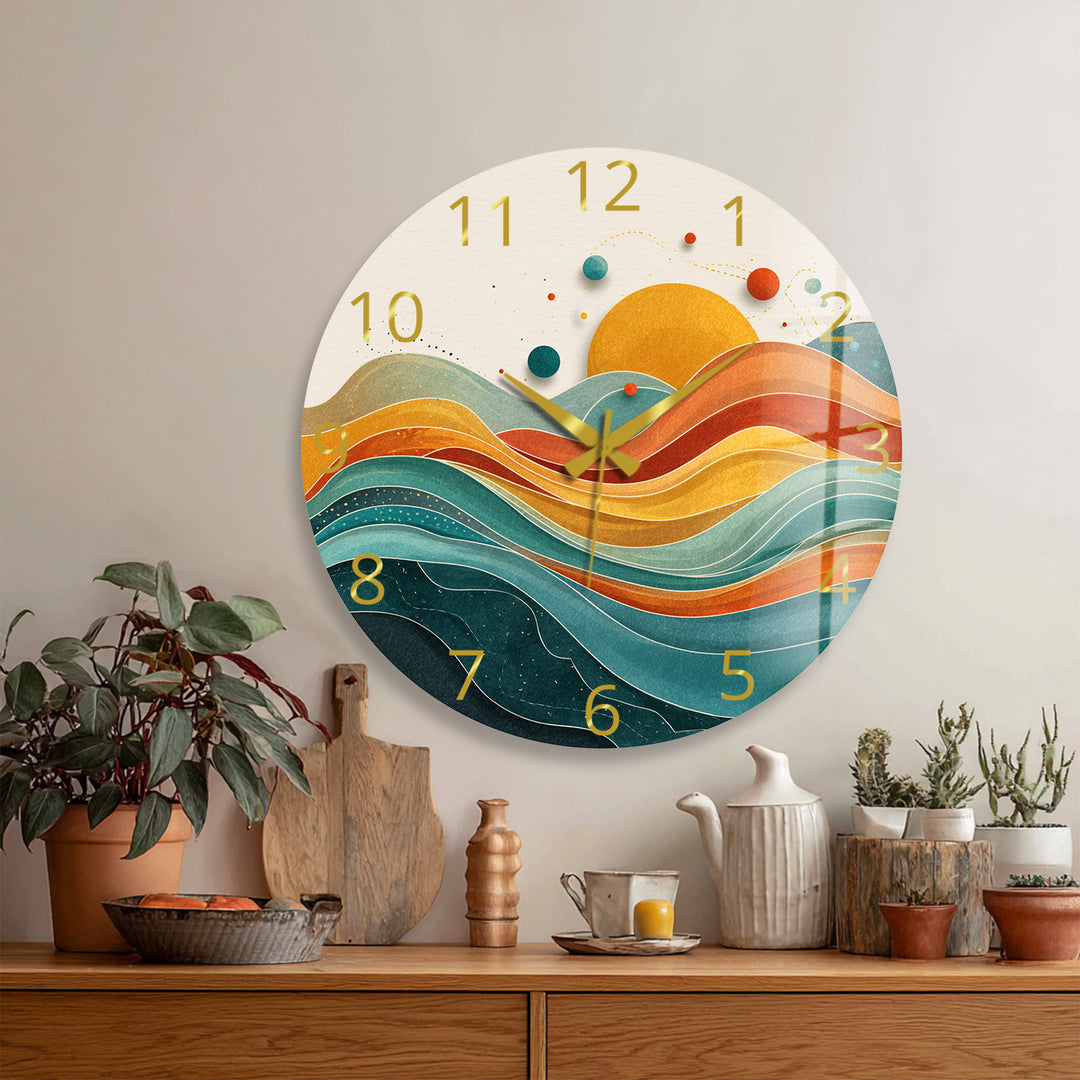 Retro Sunset Glass Wall Clock – Abstract Boho Wave Art