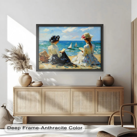 Transitioning hues capture the coastal scene in this impressionist seaside serenity oil painting reproduction print, where colors blend along the shore and sailboats drift on the water.