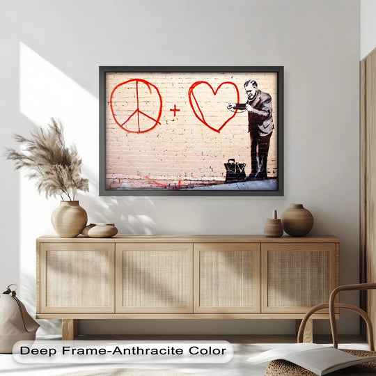 Visual rhythm flows through this Banksy painting, where stenciled peace and love symbols form a powerful oil painting artwork featuring the doctor.