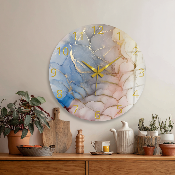 Pastellrosa und blaue Marmorglas-Wanduhr