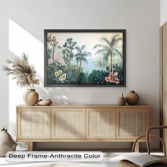 The realistic detail in this floral tropics oasis oil painting wall art shows a serene scene with vibrant palm trees and exotic flowers in rich, botanical detail.