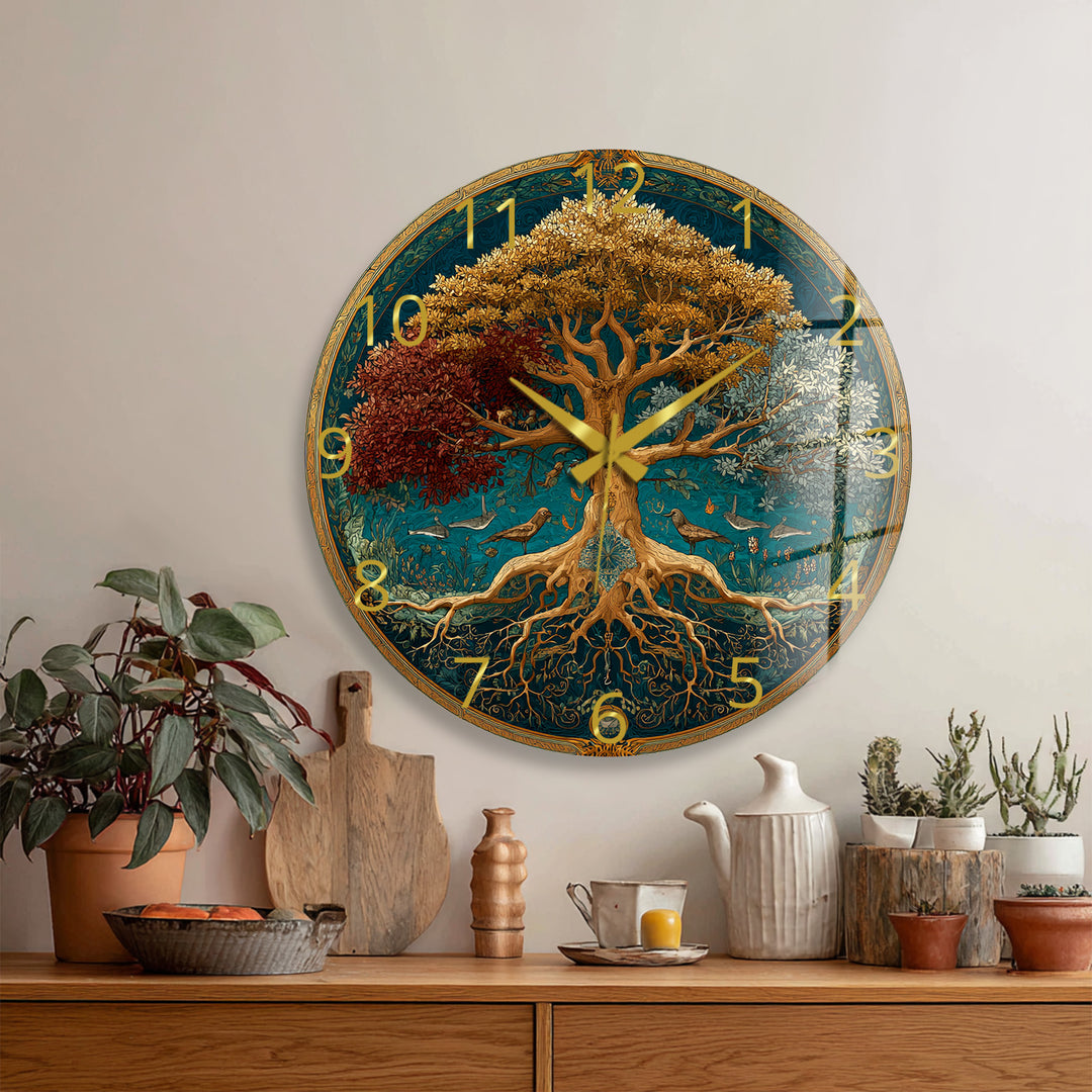 Four Seasons Tree of Life Glass Wall Clock – Botanical Decor