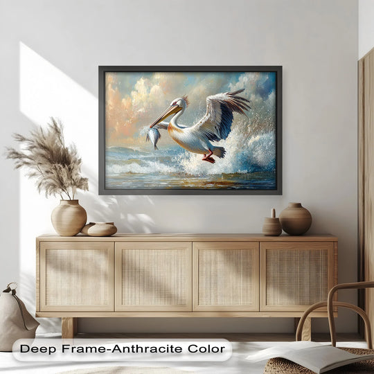 Rich color saturation makes the animal oil painting art piece stand out, depicting a pelican catching a fish amidst turbulent ocean surf.