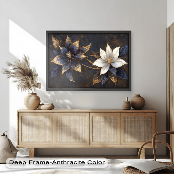 Blue Floral Stained Art – Botanical Oil Painting