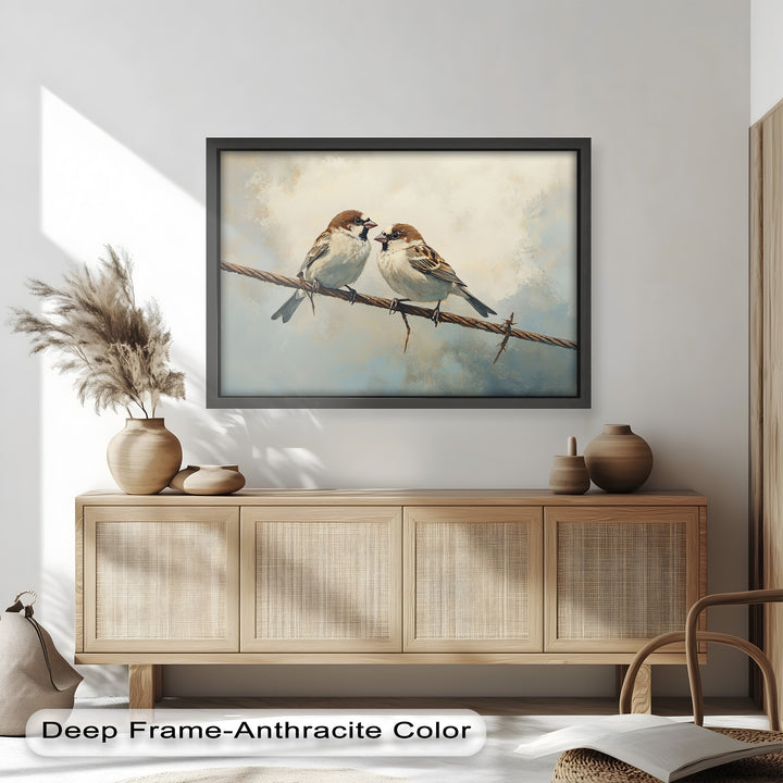Two Sparrows on a Wire – Bird Oil Painting