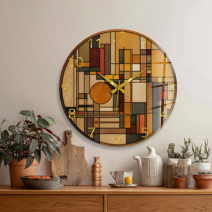 Art Deco Geometric Glass Wall Clock – Warm Retro Abstract Art