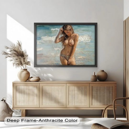 Sunlit Serenity – Beachside Woman in Tranquil Moment Oil Painting - MyPhotoStation