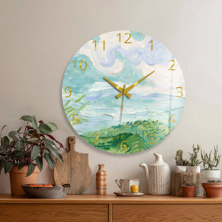 Pastellfarbene Küstenwanduhr aus Glas – abstrakte Meereslandschaftskunst