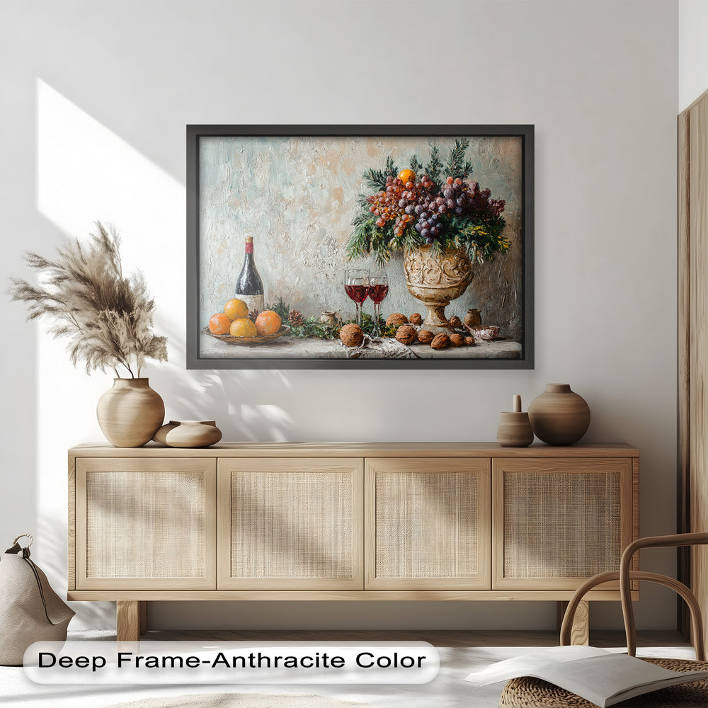 Textured on wood, this oil painting reflects a warm and inviting dining scene in the style of old European art.
