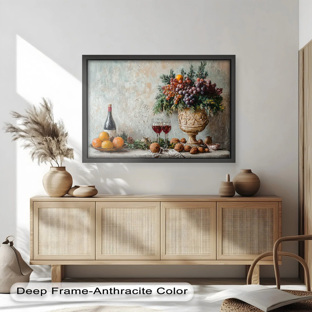 Highlighting the abstract quality, this vintage oil painting art piece presents a still life with fruit, wine, and florals, embodying rustic elegance in an impressionistic style.