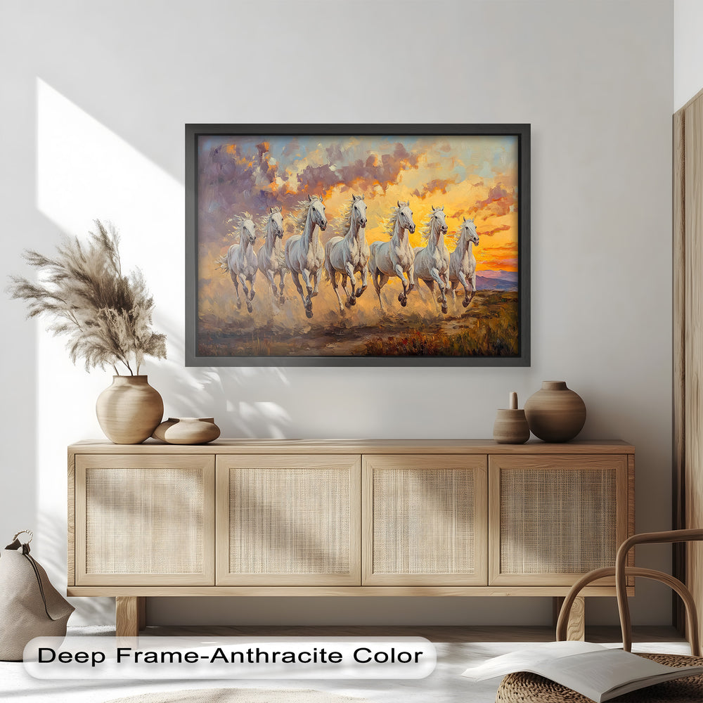 Dynamic herd of white stallions charging through golden dusk landscape.

