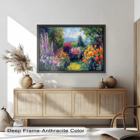 Flowing with visual rhythm, this framed 'Sunlit Garden in Full Bloom' features an impressionist floral oil painting art piece, its vibrant colors creating a natural harmony.