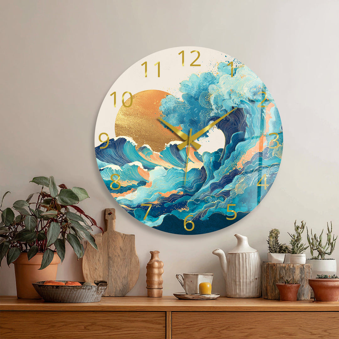 Japanese Wave Glass Wall Clock – Blue Ocean Sunset Art Decor