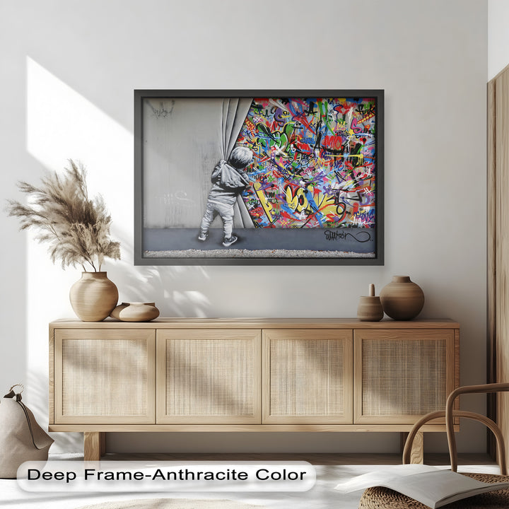 Beyond the Curtain – Banksy-Inspired Graffiti Oil Painting