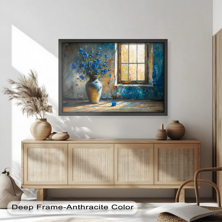 Blue Flowers in Vase – Rustic Still Life Oil Painting