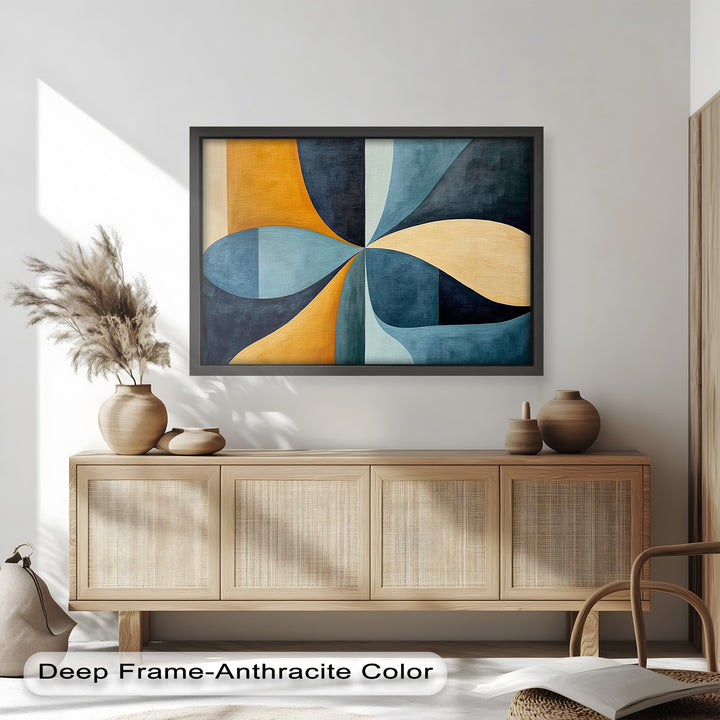 Retro Blau &amp; Senf Geometrisch – Abstraktes modernes Ölgemälde