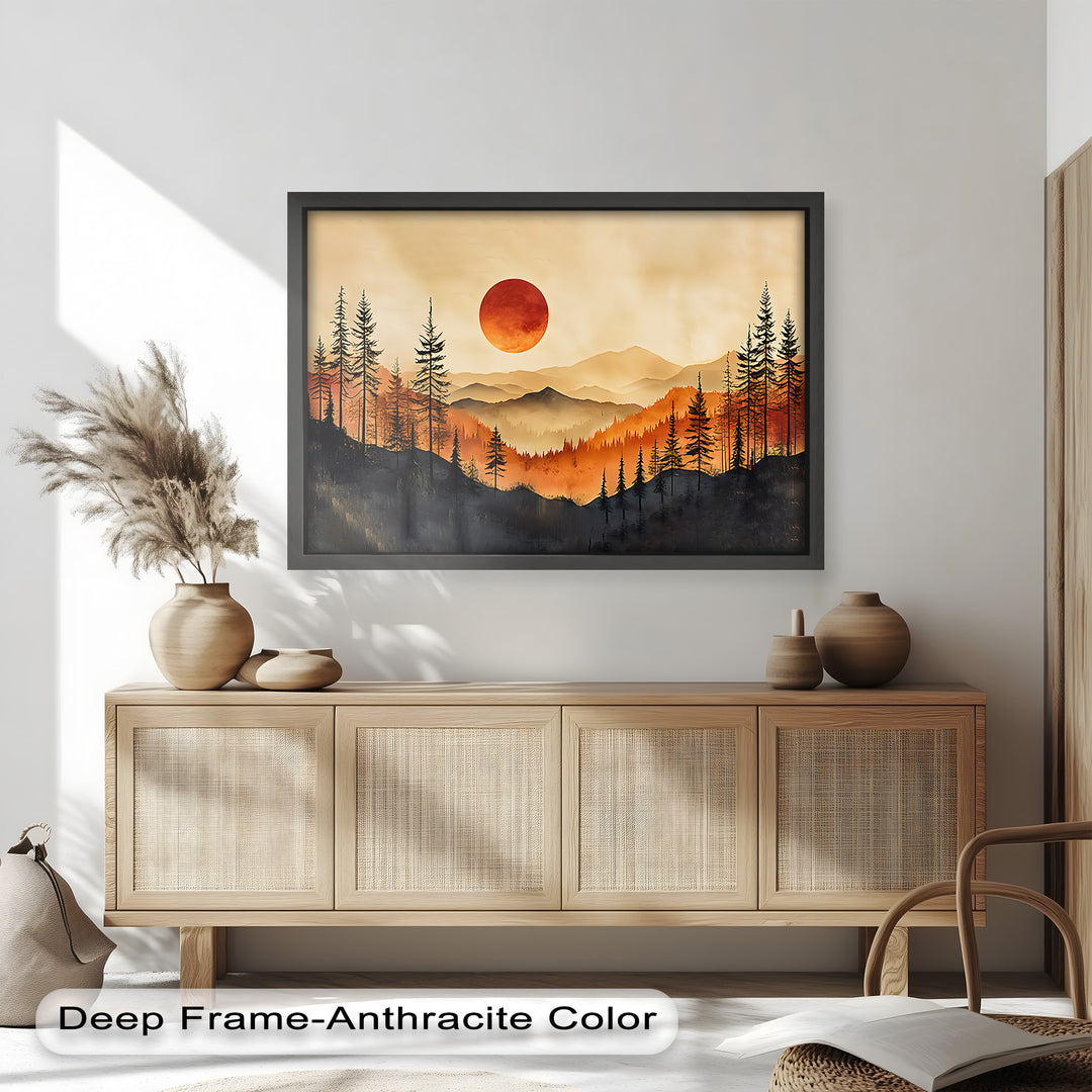 This captivating landscape painting features a bold red sun rising over layered mountain ridges and silhouetted pine trees, bathed in warm autumn hues.