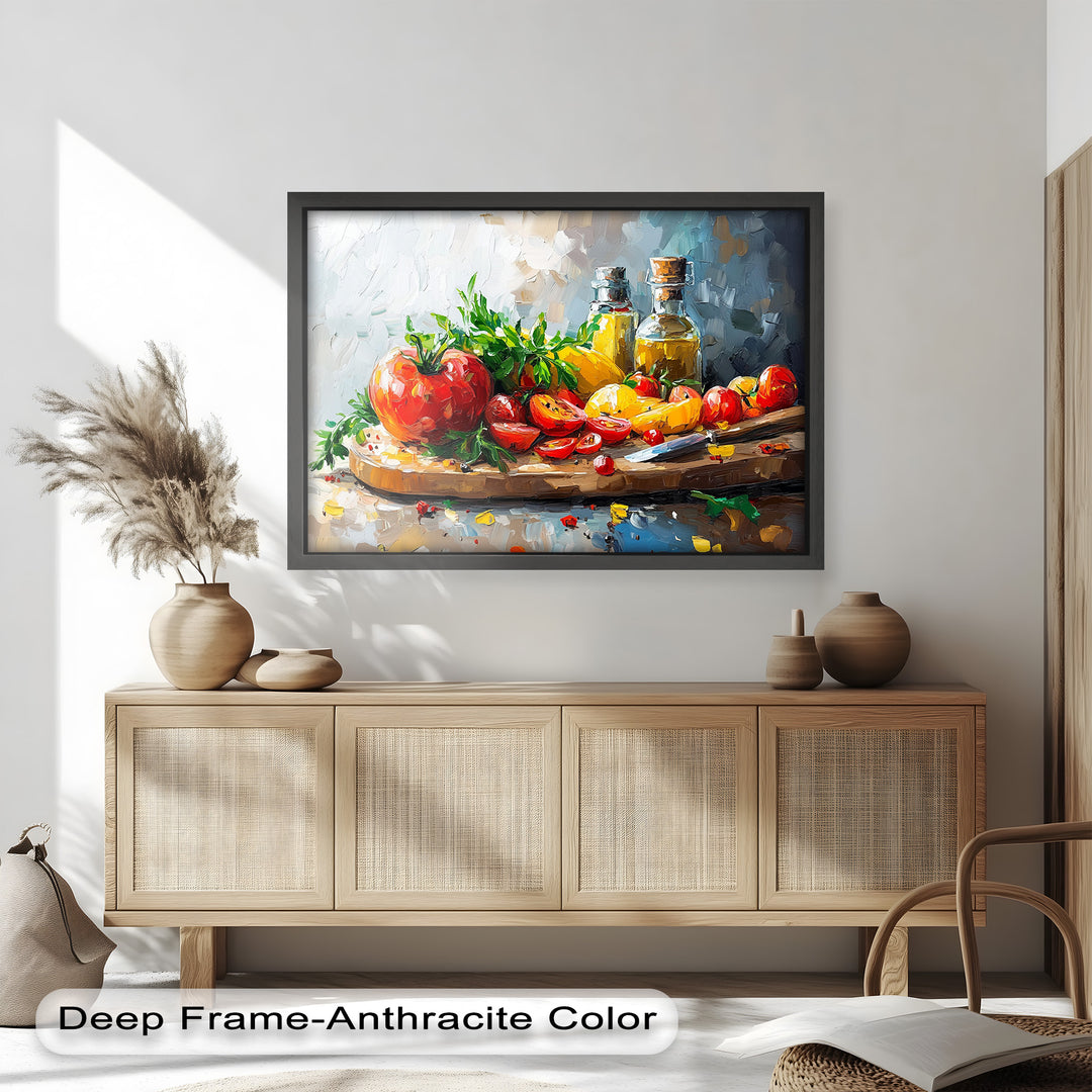 This vibrant still life painting features fresh tomatoes, herbs, and bottles of oil arranged on a rustic cutting board, bursting with Mediterranean flavor.

