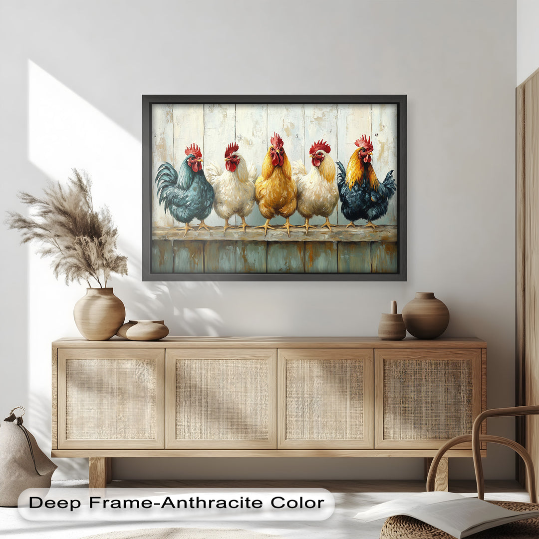 Colorful Roosters on a Wooden Fence – Animal Oil Painting