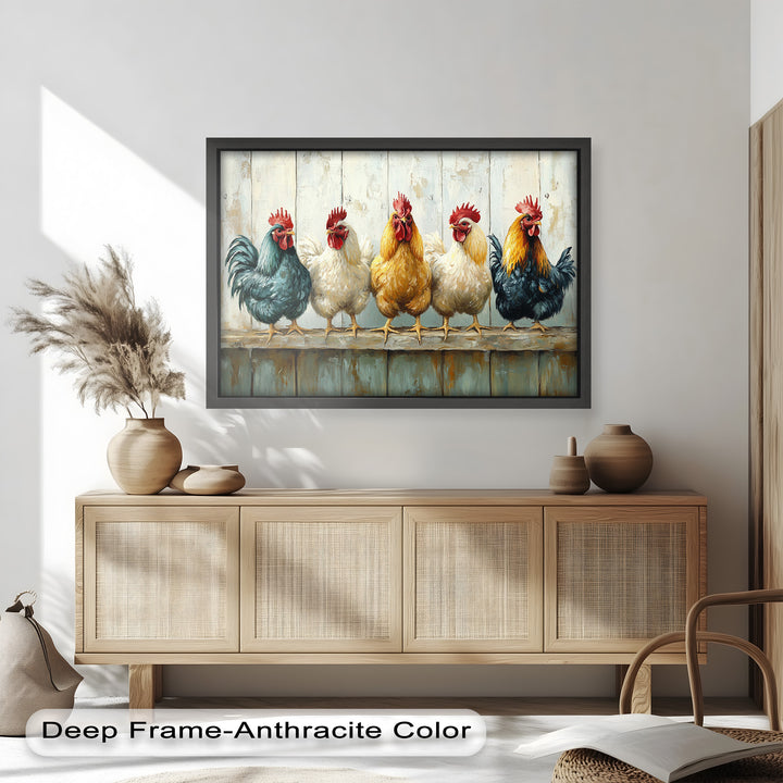 Colorful Roosters on a Wooden Fence – Animal Oil Painting