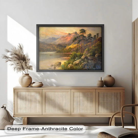 Golden light gently illuminates the 'Golden Peaks at Sunset' oil painting wall art, a peaceful mountain lake scene evoking a sense of calm.