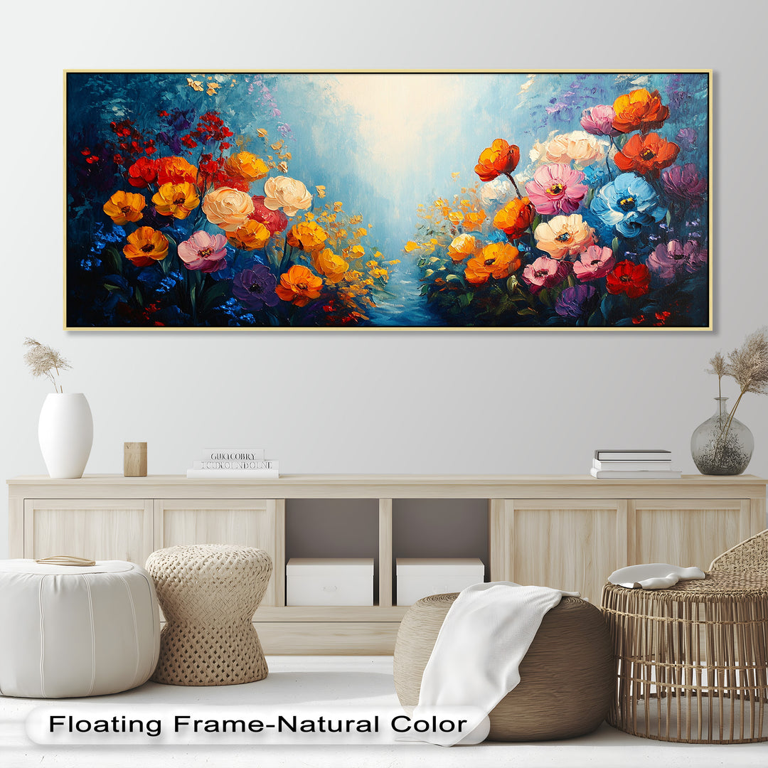 Multicolor Blossoms in Blue Radiance - Flower Oil Painting