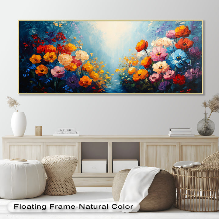Multicolor Blossoms in Blue Radiance - Flower Oil Painting