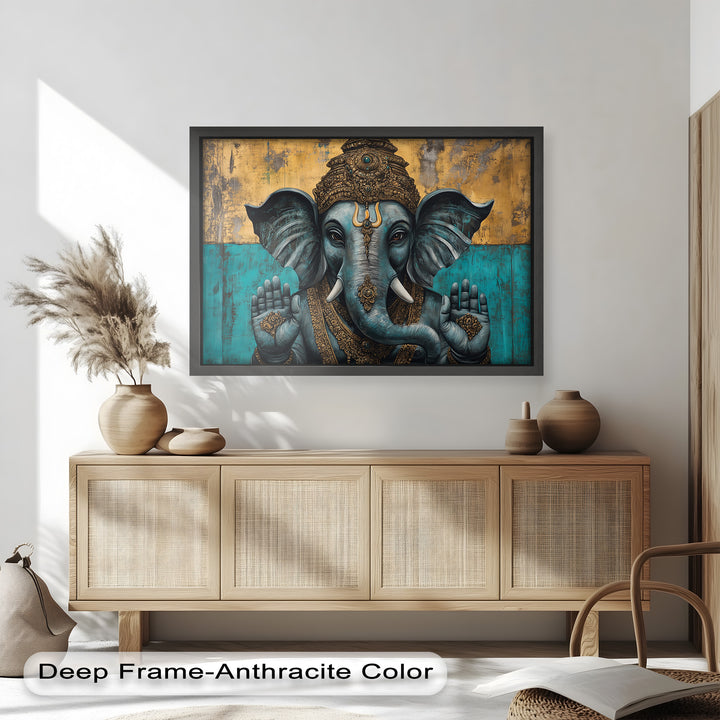 A modern, regal artwork of the Hindu deity Ganesha, combining traditional elements with a textured turquoise and gold backdrop.