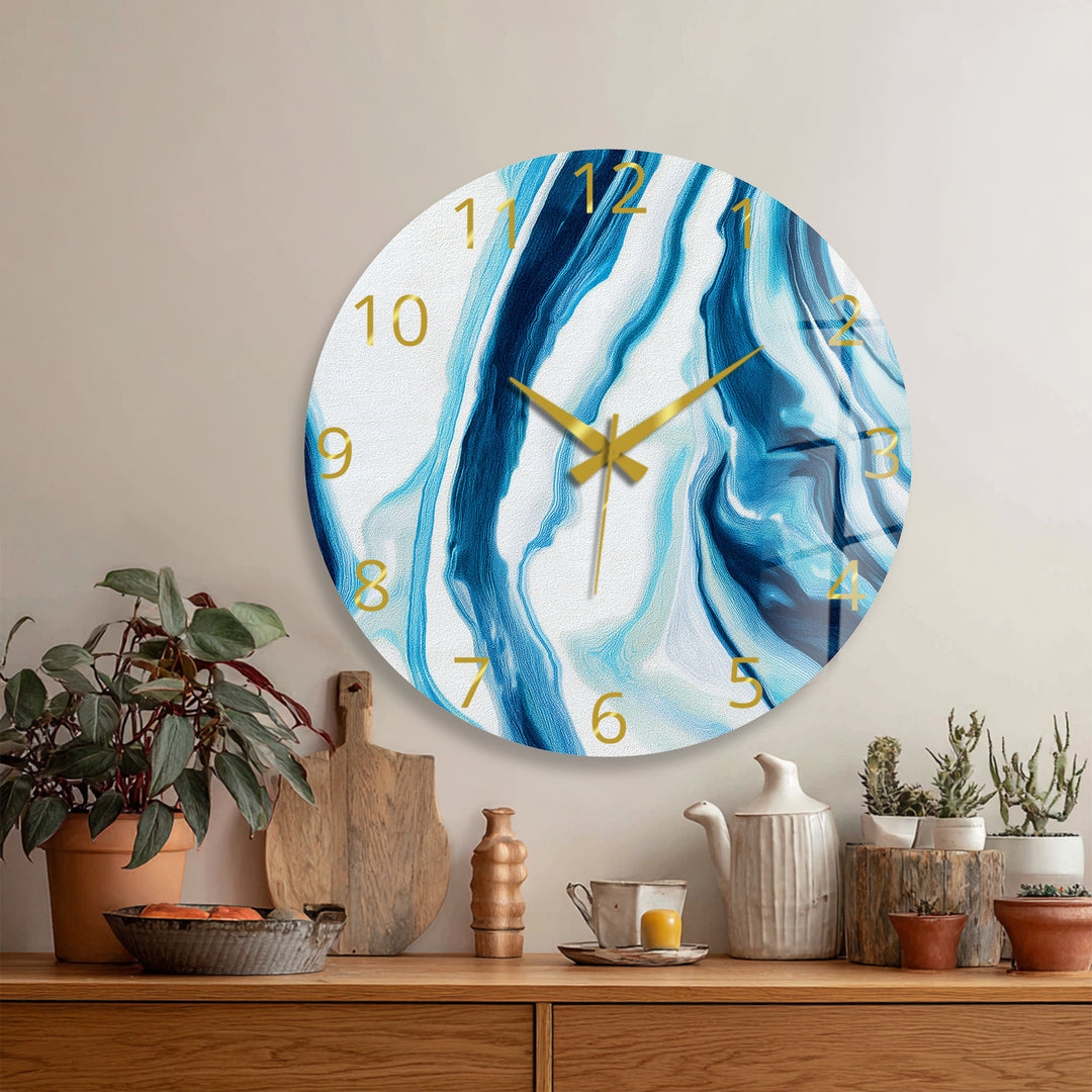 Blaue Marmorglas-Wanduhr – modernes blau-weißes Dekor