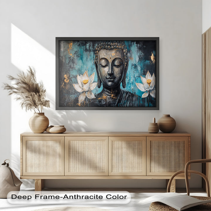 Teal Buddha with Lotus Flowers – Religious Oil Painting