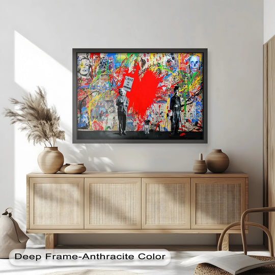 Featuring Einstein, Chaplin, and a graffiti heart, the Love Is the Answer oil painting decoration creates a vibrant central subject with explosive color.