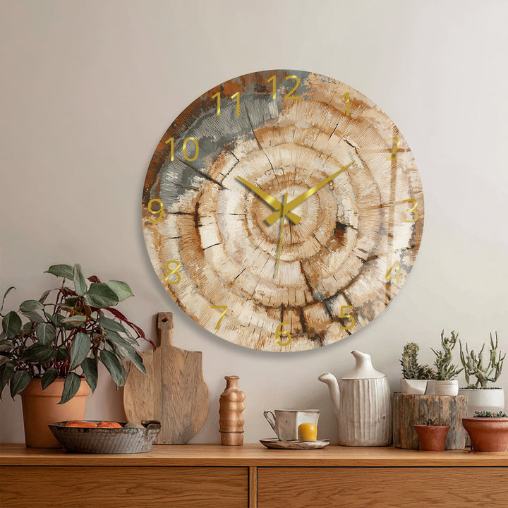 Tree Ring Glass Wall Clock – Rustic Wood Grain Decor