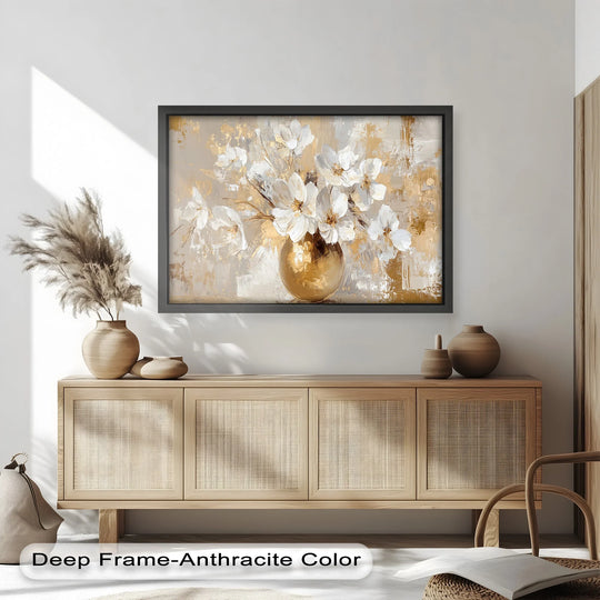 Warm color temperature radiates from the golden vase and white blossoms in this neutral floral oil painting art prints, creating a serene ambiance.