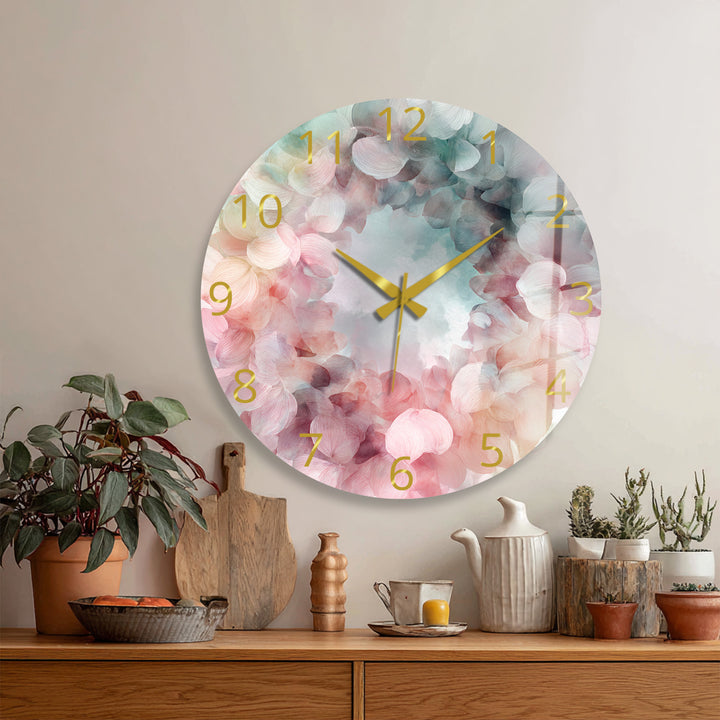 Pastel Hydrangea Glass Wall Clock – Pink Floral Wreath Decor