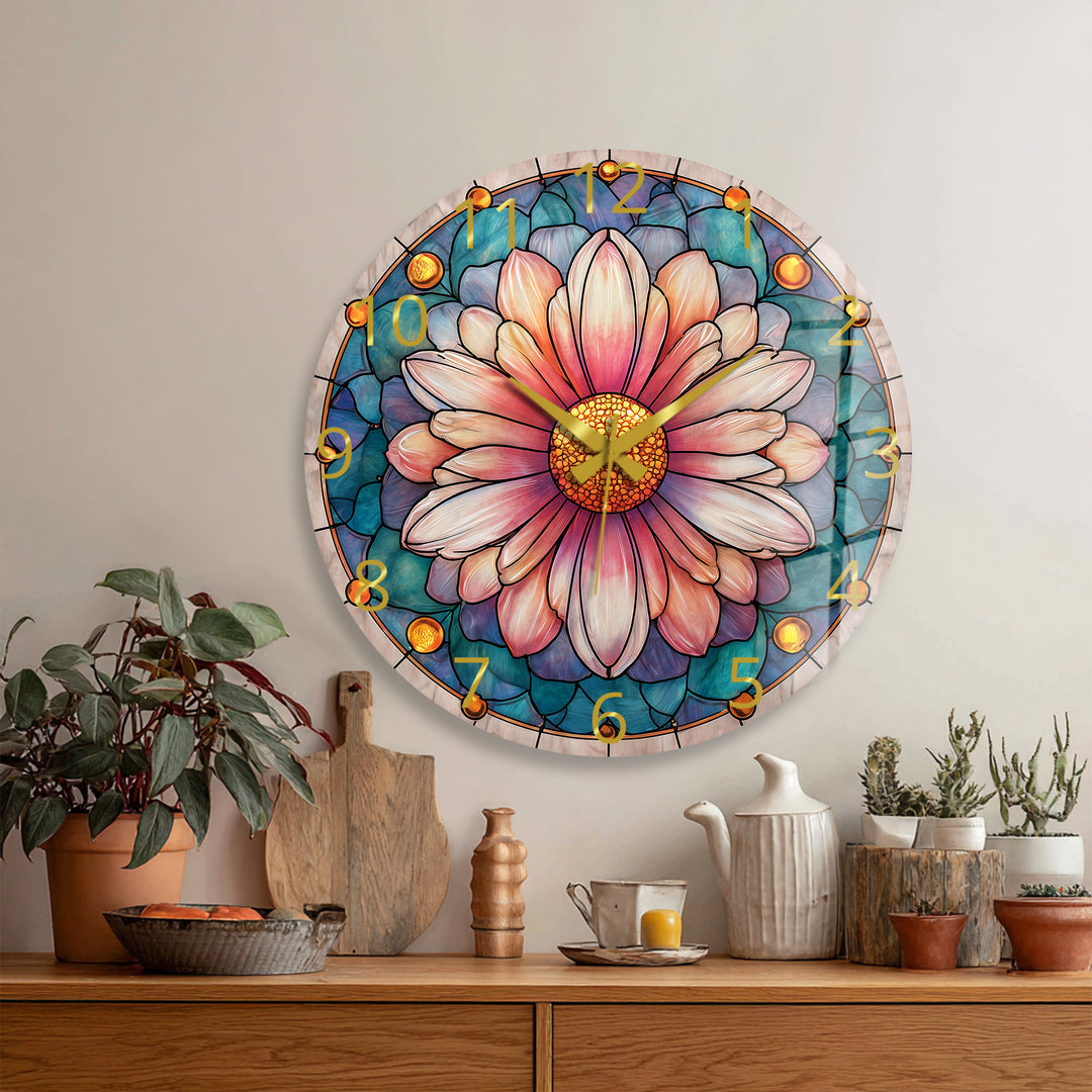 Rosa florale Glas-Wanduhr – Dekor im Buntglas-Stil