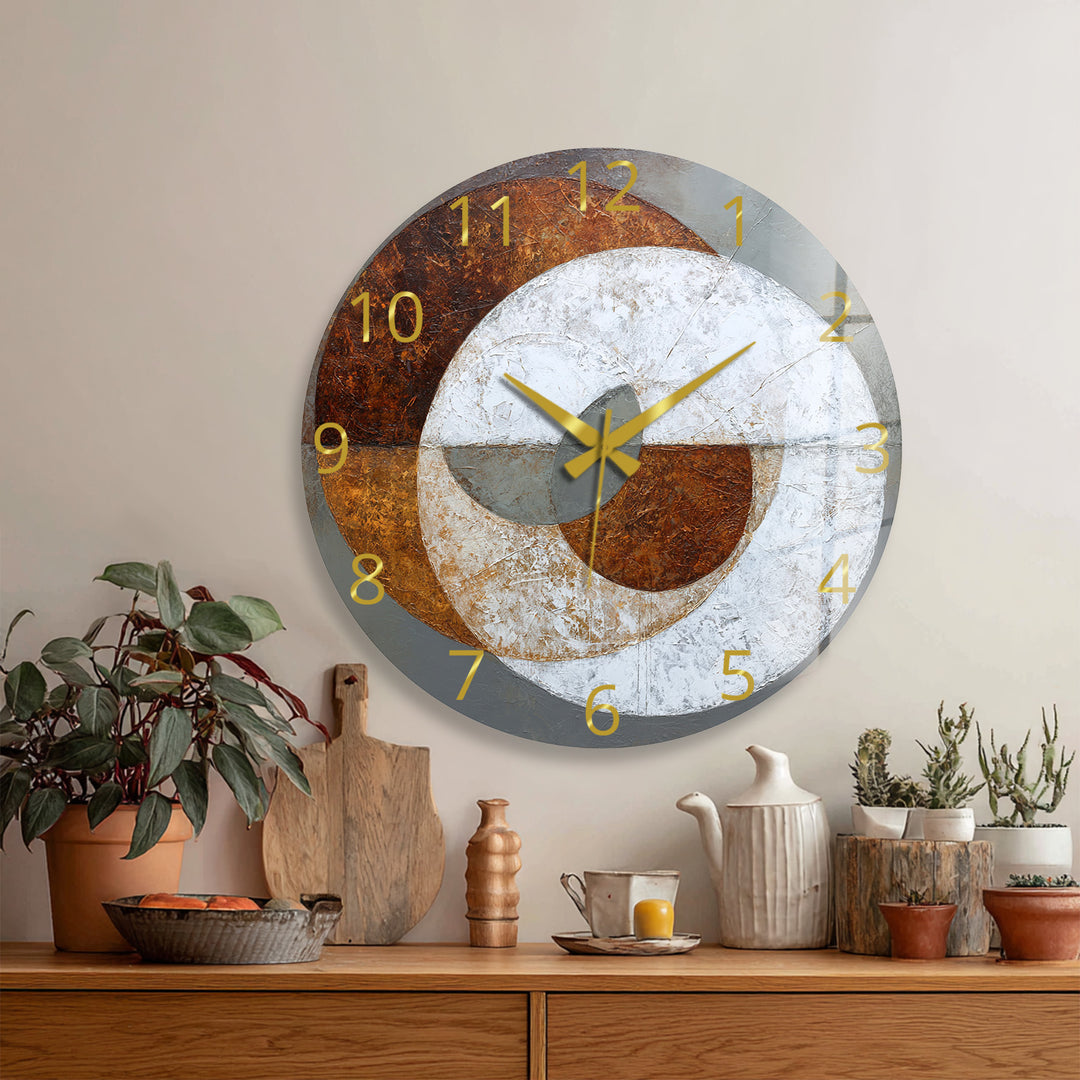 Rust and Gray Glass Wall Clock – Industrial Abstract Circle Art