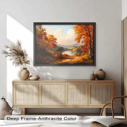 The organic forms of trees displaying golden hues complement the tranquil river in this impressionistic oil painting decoration, entitled Golden Horizon, set in a deep frame.