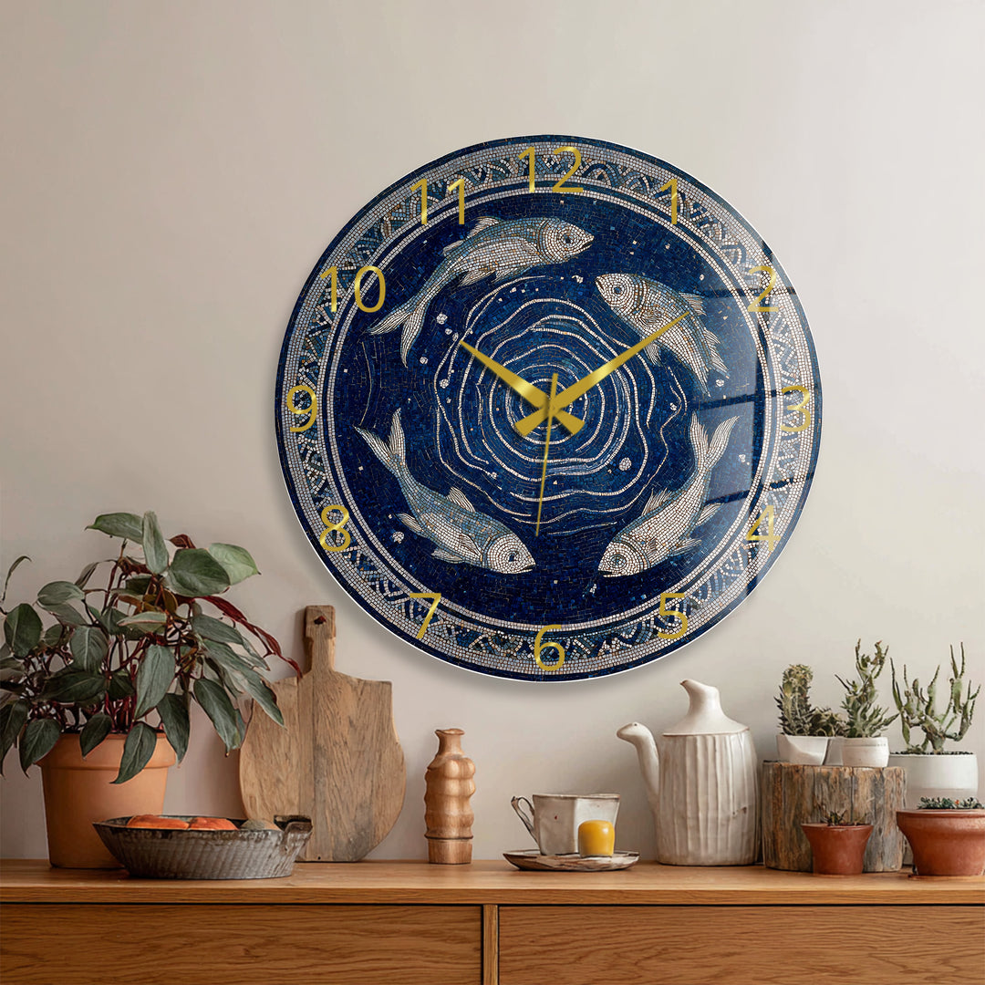 Blue Fish Mosaic Glass Wall Clock – Mediterranean Coastal Decor