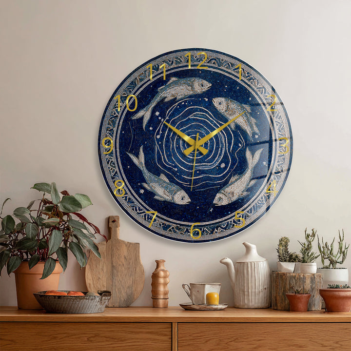 Blue Fish Mosaic Glass Wall Clock – Mediterranean Coastal Decor