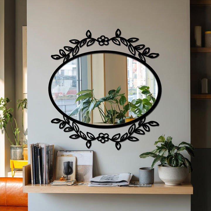 Showcasing a botanical elegance oval floor mirror with a floral vine frame as the focal point, reflecting the scene in this decorative mirror.