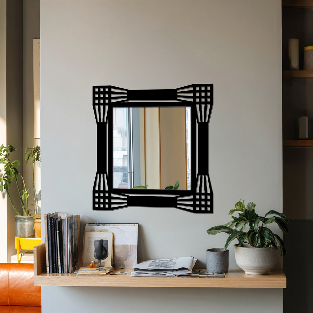 Blurred background highlights the architectural grid frame of the decorative mirror and its geometric design, enhancing the decoration wall art in the space.