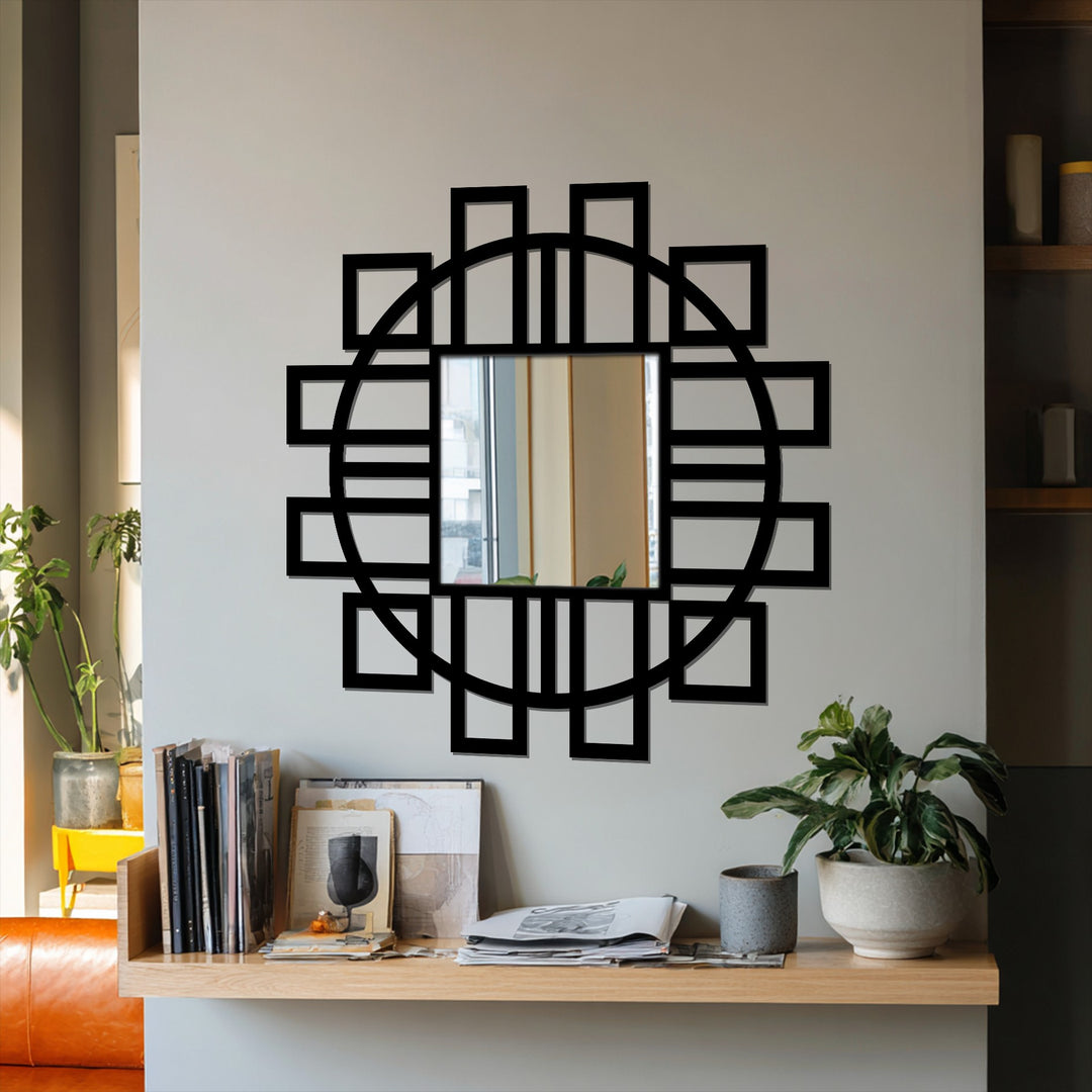The loudest element of this modern Geometric Fusion square mirror is its bold, black metal frame, a striking example of geometric metal wall decor enhancing a contemporary space.