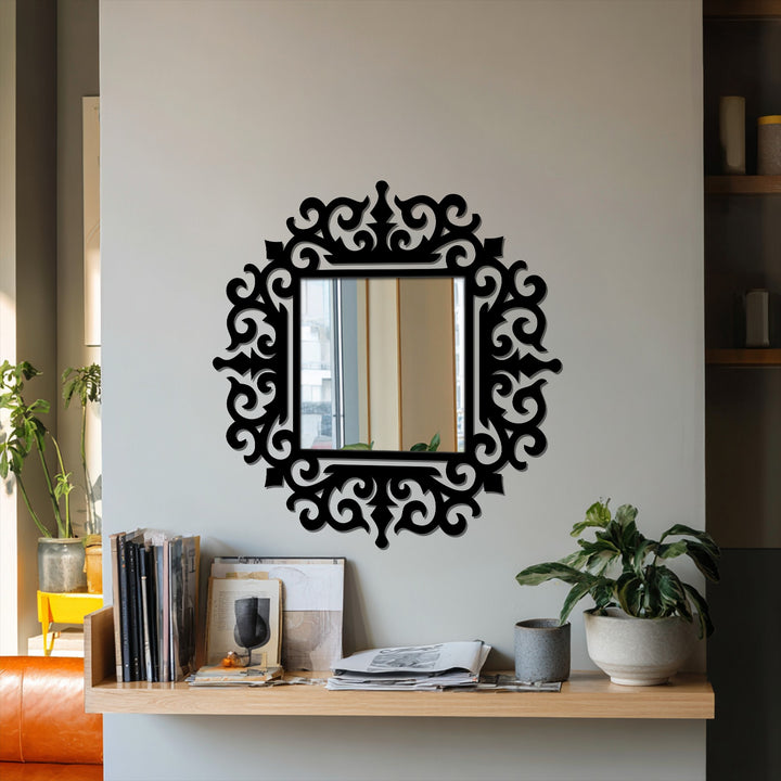 Subdued color saturation enhances the wall mirror for wall decor and its ornate baroque frame, contrasting with the richer tones of the nearby shelf and furniture.