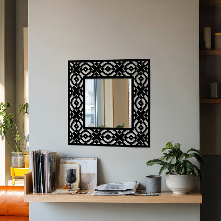 Black is the dominant color in this geometric tribal pattern square floor mirror with a symmetrical frame, making it a stunning and unique metal wall art piece.