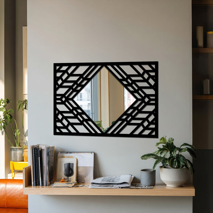 Geometric diamond floor mirror with its art deco layered line frame offers a stylish bathroom mirror reflection as the central subject.