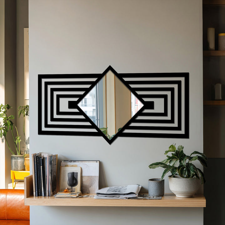 Black layered frame lines create bold edges and borders for this Art Deco diamond mirror, a stylish piece for decorating with wall mirrors.
