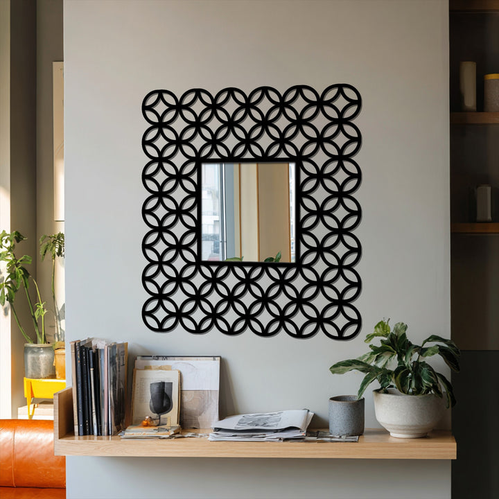Showcasing the abstract quality of a square floor modern mirror, the interlocking ring decoration wall art pattern provides a captivating, geometric-inspired aesthetic.