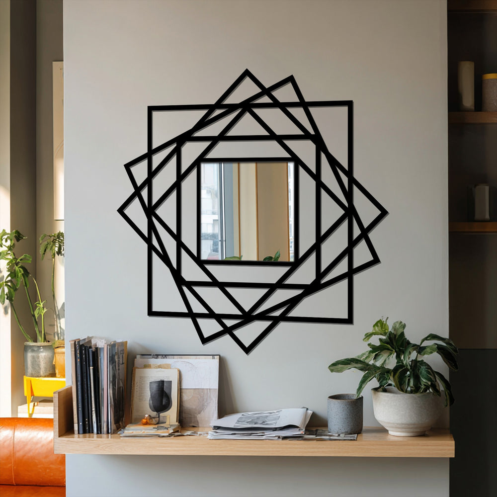 The dynamic layering and angular abstract lines create a sense of constant motion in this square floor mirror, offering a distinctive way of decorating with wall mirrors.