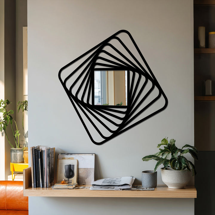 Darkest area of this floor mirror highlights the dynamic, twisted square spiral frame, adding an artistic touch as a central element in decorating with wall mirrors.